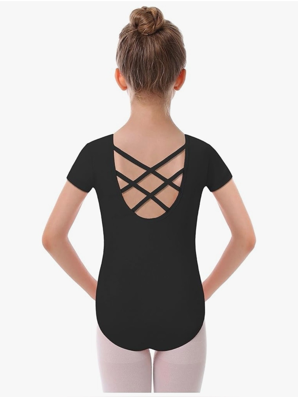 Girls Black Short Sleeve Leotard with Crisscross Back Size 10